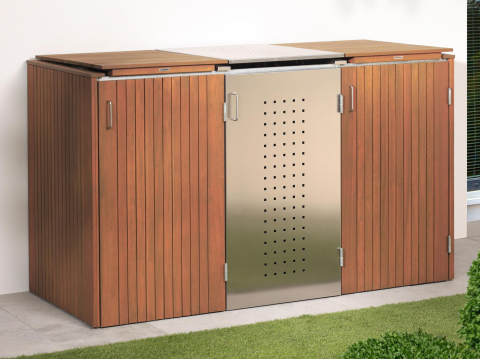 Binto 3er Mülltonnenbox Hartholz-Edelstahl mit Klappdeckeln