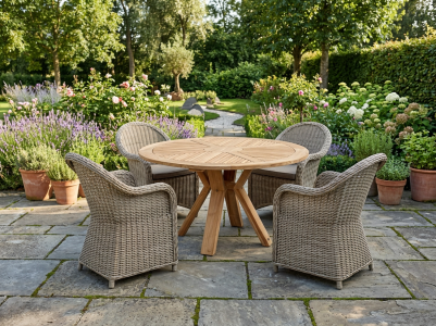 Brafab Paulina-Circus Dining-Set, 4 Sessel Paulina mit Kissen und 1 Cirus Tisch Teak 130cm