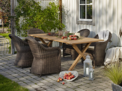 Brafab Paulina-Brutus Dining-Set, 5 Diningsessel mit Kissen und ein Brutus Teaktisch 220x95cm