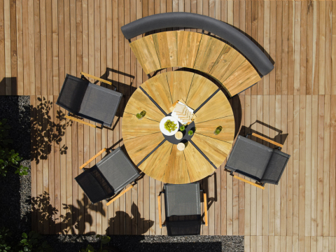 Zebra Oryx Edge Tisch graphit rund 135cm aus recyceltem Teakholz - mit Drehplatte