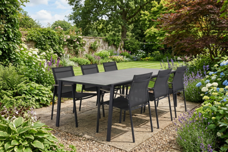 Brafab Lyra Essgruppe 7-teilig, Edelstahl schwarz, 6 Sessel und ein Tisch 220x100cm