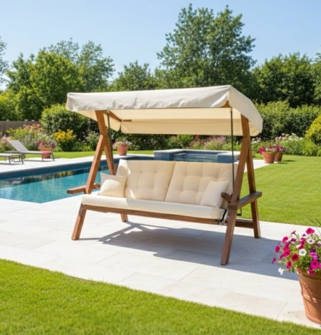 Pemode Hollywoodschaukel Grand Lyon 2400 Beige - Iroko-Holz B:228 x H:190 cm