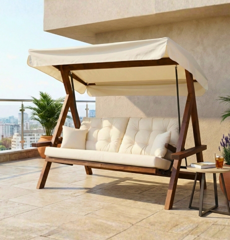 Pemode Hollywoodschaukel Grand Lyon 2400 Beige - Iroko-Holz B:228 x H:190 cm