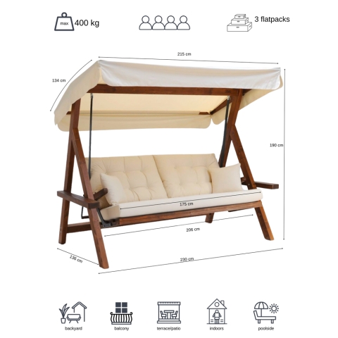 Pemode Hollywoodschaukel Grand Lyon 2400 Beige - Iroko-Holz B:228 x H:190 cm