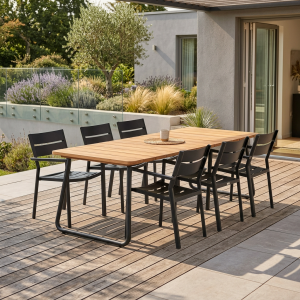 Brafab Nolli-Delia Sitzgruppe, 7-teilig, Teak natur -Gestelle schwarz Tisch 225x90cm