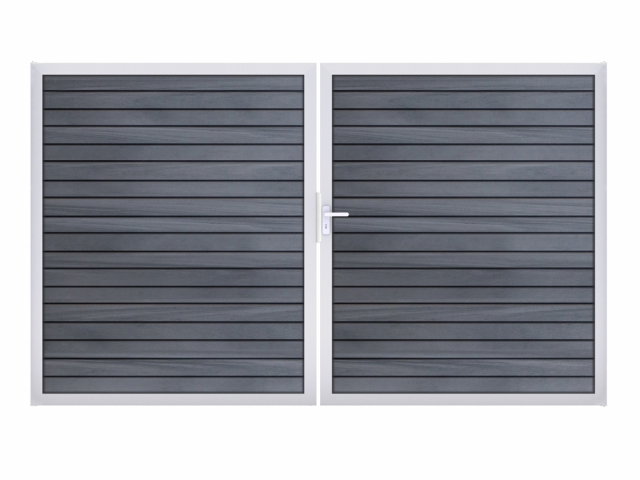 GrojaSolid Rhombus BPC Steckzaun Doppeltor 300x180cm steingrau co-exdrudiert Alu-blank EV1, DIN links