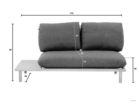 Apple Bee Sling 2-Sitzer Sofa 175cm, Ablage links, Teak Kissen grau