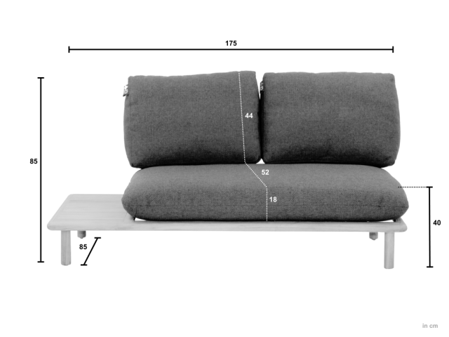 Apple Bee Sling 2-Sitzer Sofa 175cm, Ablage links, Teak Kissen grau