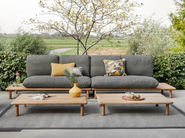 Apple Bee Sling 2-Sitzer Sofa 175cm, Ablage links, Teak Kissen grau