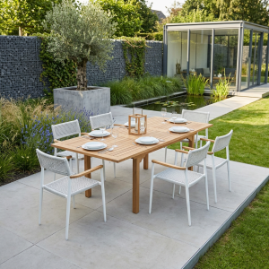 Zebra Ant-Brasilia Essgruppe 6 Sessel Ant und Ausziehtisch Teak 160-210x100cm