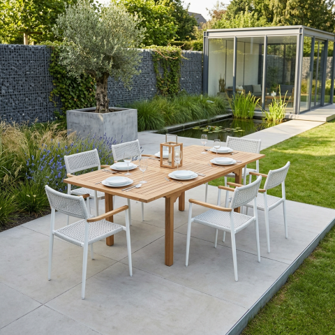 Zebra Ant-Brasilia Essgruppe 6 Sessel Ant und Ausziehtisch Teak 160-210x100cm