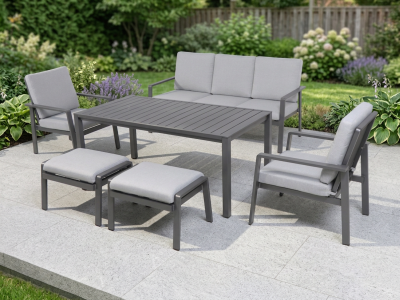 MWH Atlantico Dining-Lounge inkl. Polster, 1 Sofa, 2 Sessel, 2 Hocker und 1 Tisch 150x58cm