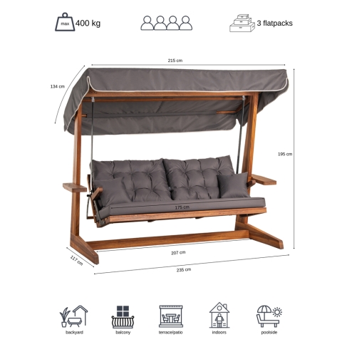 Pemode Hollywoodschaukel Sia 2400 Anthrazit - Iroko-Holz B:235 x T:134 x H:195 cm