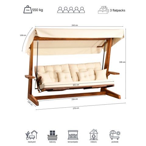 Pemode Hollywoodschaukel Luna 2600 Beige- Iroko-Holz B:270 x T:139 x H:195 cm