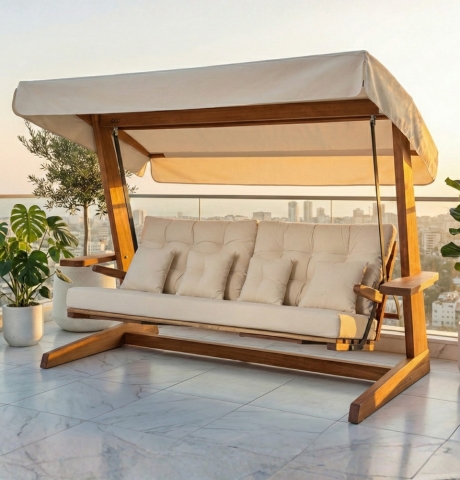 Pemode Hollywoodschaukel Luna 2600 Beige- Iroko-Holz B:270 x T:139 x H:195 cm