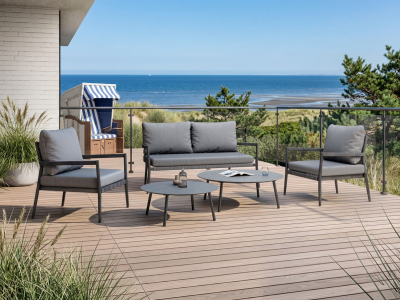 MWH Ropero Lounge-Set grau inkl. Polster, 2 Loungesessel, 1 Sofa, 2 Kaffeetische