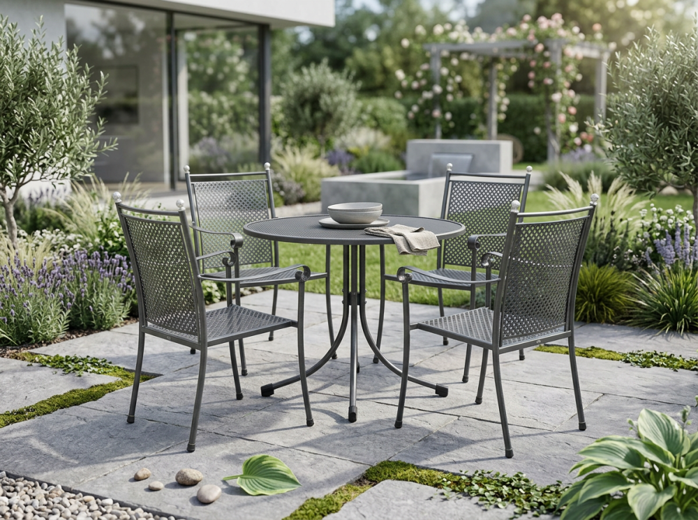 Royal Garden Excelsior-Universal Gartenmöbelset, 4 Niederlehner und 1 Tisch rund 105cm