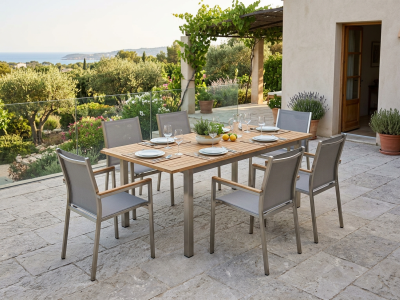 Stern Polaris Gartenm&ouml;bel Set-3 Edelstahl Teak, 1 Ausziehtisch 162-220x90cm, 6 Stapelsessel