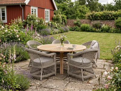 Brafab Kamomill Gartenm&ouml;bel Set-3, 6 teilig, Geflecht beige, Tisch Teak 150cm