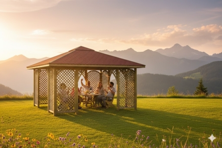 Pavillon Romantic 445x455cm Bausatz Fichte kdi gr&uuml;n mit Holzdach ohne Bitumschindeln