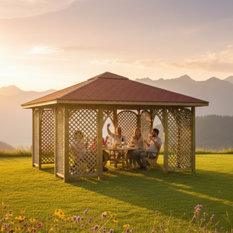 Pavillon Romantica 445x455cm Bausatz Fichte kdi gr�n mit Holzdach