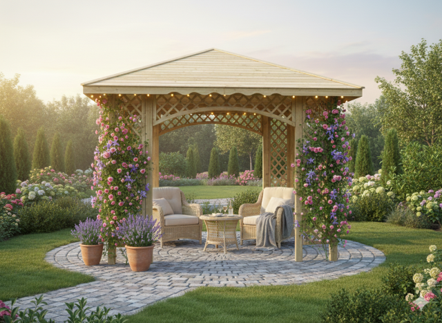 Pavillon Natalia 349x349cm Bausatz Fichte kdi gr�n mit Holzdach ohne Bitumschindeln