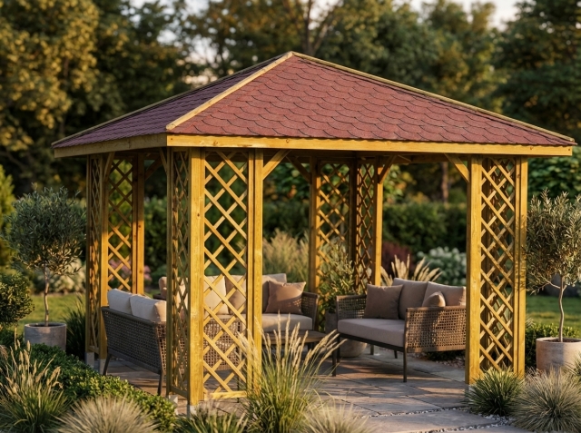 Pavillon Ania 349x349cm Bausatz Fichte kdi gr&uuml;n mit Holzdach