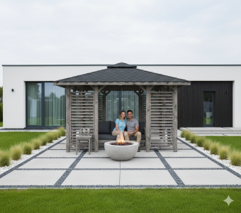 Pavillon Sara 357x357cm Bausatz Fichte kdi grau vorlasiert mit Holzdach