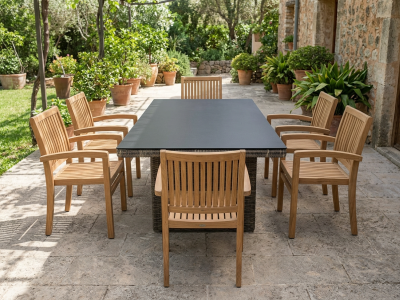 Plo&szlig; Sitzgruppe Sahara-Bueno, 6 Sessel Teak und 1 Diningtisch 220x100cm