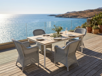 Gartenm&ouml;bel-Set 4x Classic Sessel Geflecht wei&szlig; mit Kissen, 1x Milou Tisch 180x90cm