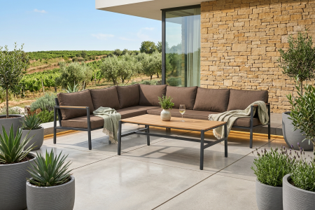 Brafab Cap Ecksofa-Set 214x279 cm, Anthrazit-Braun, inkl. Tisch und Kissen
