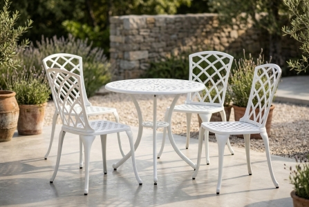 Brafab Set Arras Aluminium wei&szlig;, 4 Sessel und 1 Tisch Rund 70cm