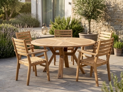 Brafab Circus & Keros Set Sitzgarnitur aus Teak. 5 Stapelsessel Keros, 1 Tisch Cirus Teak 150cm