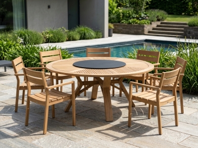Brafab Circus-Delia Teak Sitzgarnitur, 7 Teak-Sessel Delia, 1 Tisch Circus rund 180cm mit Drehplatte