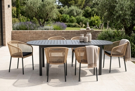 Brafab Delta - Lomma Set anthrazit, 6 Sessel und ein Ausziehtisch 220-280x110cm