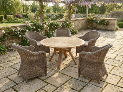 Brafab Eads & Circus Sitzgruppe mit Polstern, 5 Sessel Eads und 1 Tisch Circus Teak 150cm rund