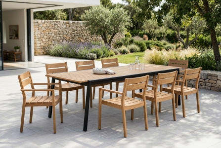 Brafab Sitzgruppe Naos-Delia, Teak, 8 Sessel und ein Ausziehtisch 220-320x100x73cm