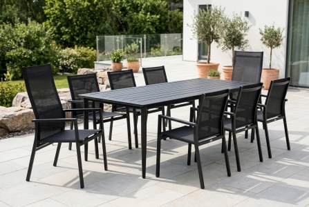 -rafab Nimes & Avanti schwarz Gartenm&ouml;bel-Set, 4 Stapelsessel, 2 Positionst&uuml;hle, 1 Tisch 200x98cm