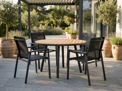 Brafab Bam Bo & Delia Gartenm&ouml;bel-Set anthrazit, 4 Stapelsessel und 1 Tisch rund 120cm