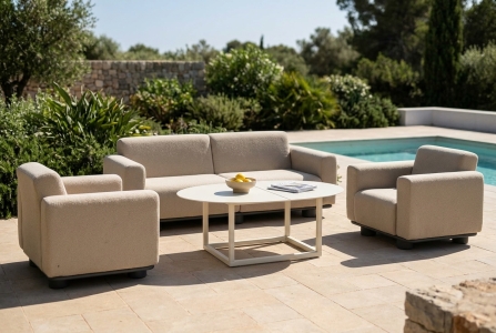 Brafab Bolster-Olive Loungeset beige-pearl, 2 Sessel, 1 Sofa und 1 Loungetisch 110x80cm