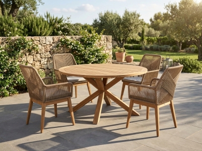 Brafab Eios & Hassel Teak-Gartenm&ouml;belset, 4 Sessel und 1 Tisch rund 150cm