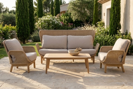 Brafab Lily & Lilja Lounge-Set, 2 Sessel, 1 Sofa und 1 Kaffeetisch 140x70x45cm, inkl. Polster