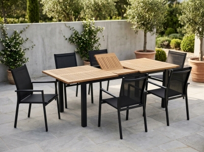 Brafab Lyon & Avanti Gartenm&ouml;bel-Set schwarz, 6 Diningsessel stapelbar, 1 Ausziehtisch 194-252x92cm