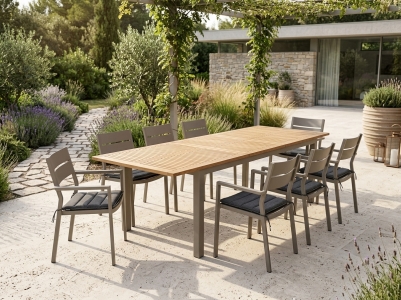 Brafab Lyon & Delia Gartenm&ouml;bel-Set khaki, 8 Stapelsessel inkl. Kissen, 1 Ausziehtisch 224-304x100cm