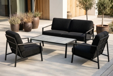 Brafab Lyra Set Loungeset schwarz, 2 Sessel, 1 Sofa und ein Loungetisch 140x75x40cm inkl. Polster