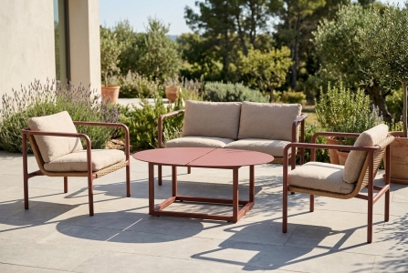 Brafab Motty-Olive Lounge-Set zin red, 2 Sessel, 1 Sofa, 1 Loungetisch  110x80x40cm