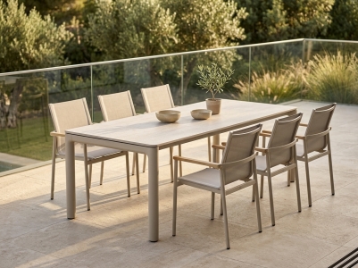 Zebra Vero & Enox Gartenm&ouml;bel-Set light taupe, 6 Sessel und 1 Tisch 240x100x75cm