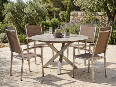 Zebra Oryx-Pontiac Gartenm&ouml;belset, 4 Stapelsessel und 1 Tisch rund 120cm aus recyceltem Teakholz