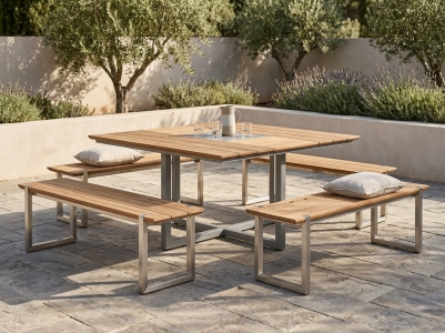 Zebra Quadux Gartenm&ouml;bel-Set, 4 B&auml;nke und 1 Tisch 140x140cm aus recyceltem Teakholz
