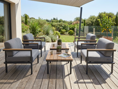 Zebra Hudson Lounge-Set, 4 Sessel und 2 Beistelltische  77,5x48,5cm mit Teakholzplatte